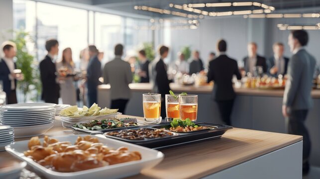 Employees enjoying food and drinks at a conference