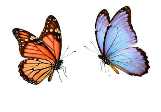 Two butterflies monarch and morpho isolated on transparent background
