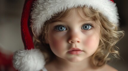 Close-up portrait of a toddler with bright blue eyes, wearing a Santa hat.  Soft lighting enhances her rosy cheeks and curly blonde hair