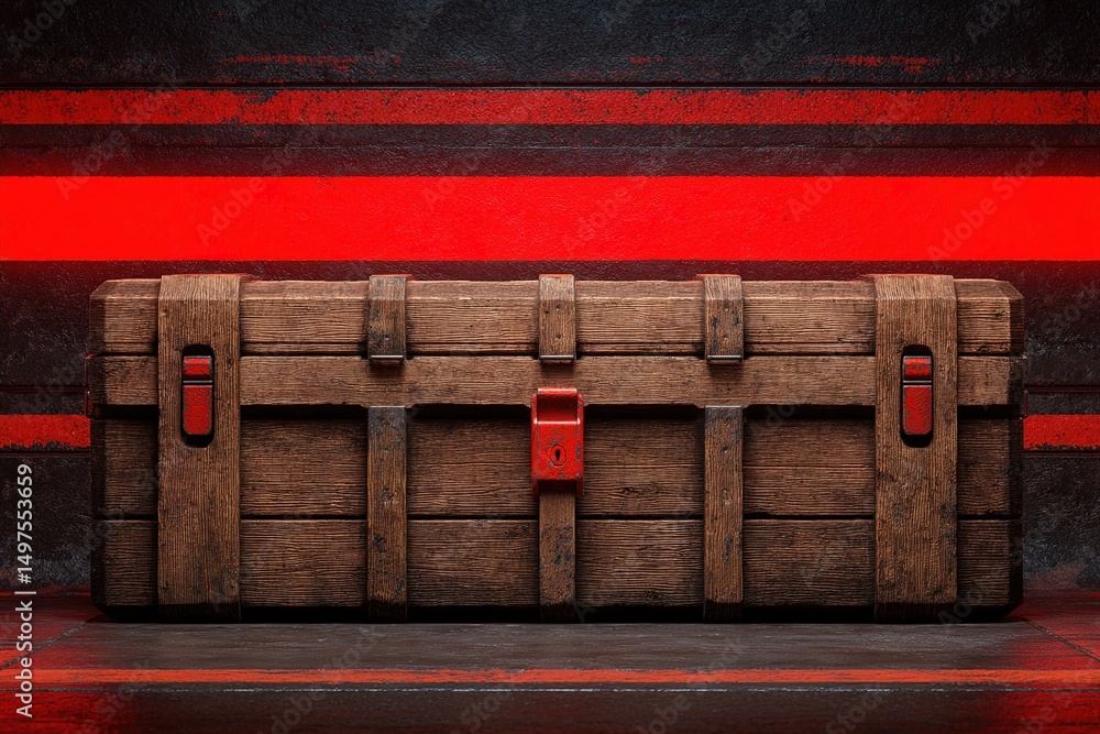 Poster rustic wooden trunk with red accents displayed against a dark background in a creative setting