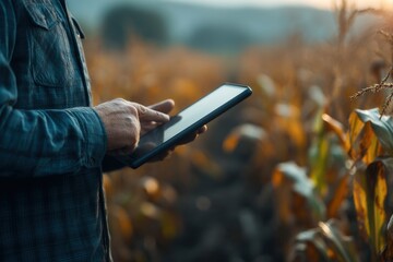 Farmer using tablet in green cornfield, concept of digital agriculture, smart farming technology, and sustainable crop management