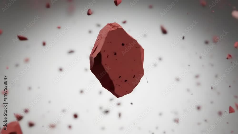 Poster red block shattering into fragments abstract geometric destruction slow motion