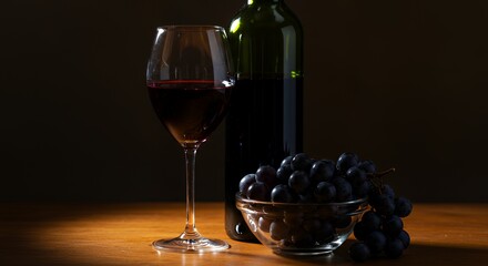 Red Wine Glass Bottle Grapes Still Life