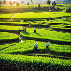 Lush Rice Terraces at Sunrise: A vibrant landscape of meticulously crafted rice terraces flourishes under the golden rays of sunrise, with farmers diligently tending to their crops.