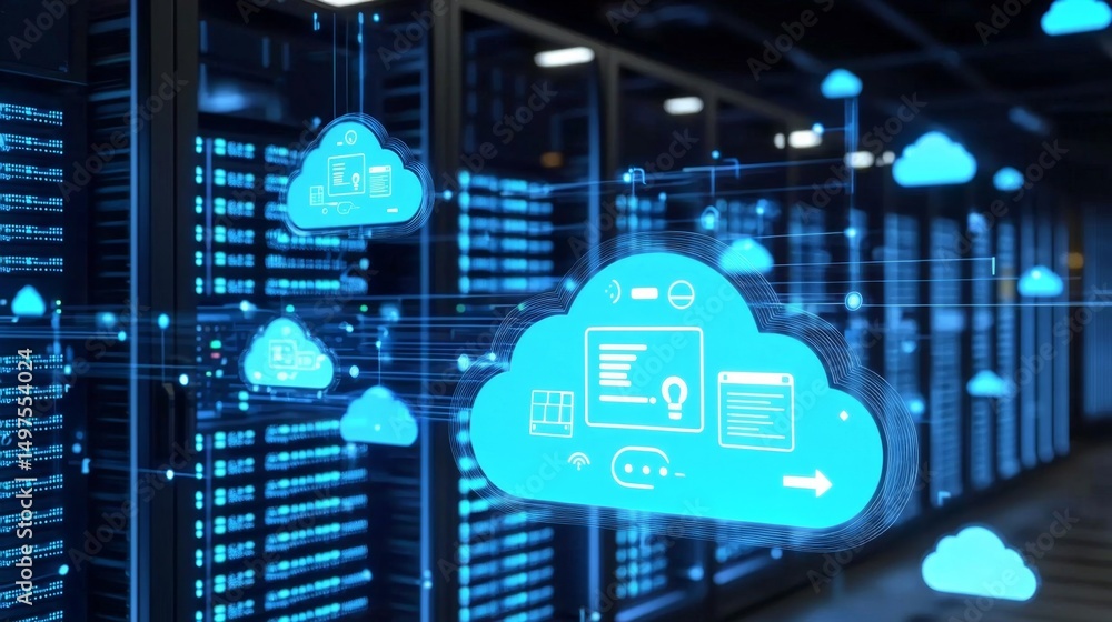 Aufkleber high-tech servers form the backdrop of cloud computing.