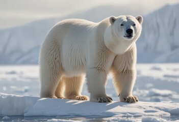 Albino polar bear stands on arctic ice floe, sunlight reflecting off its fur ,  pure,  arctic circle