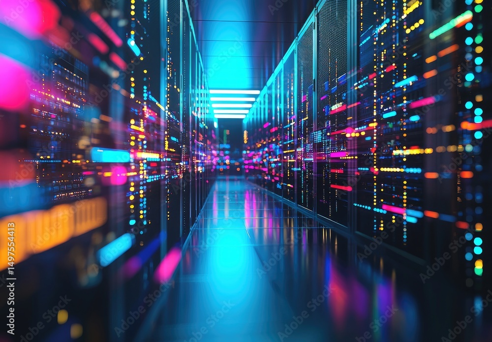 Poster vibrant futuristic data center corridor with glowing multicolor server lights and reflections, ideal