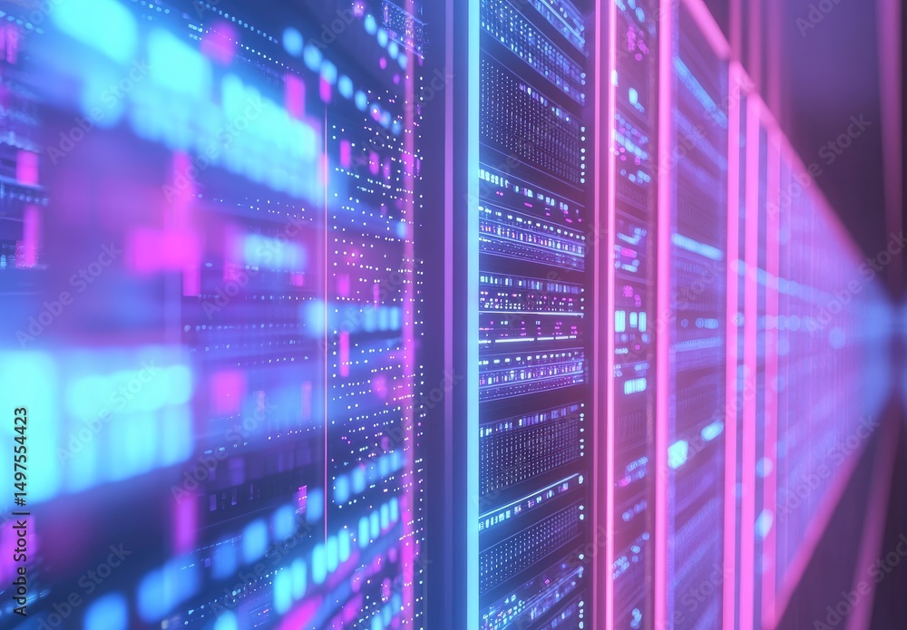 Aufkleber close-up view of futuristic data servers with glowing pink and blue lights in a symmetrical corridor