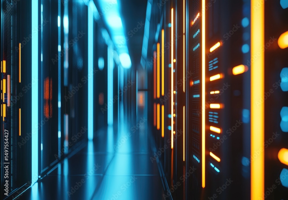 Poster High-tech server room with bright blue and orange LED lights in a symmetrical corridor, ideal for cloud computing, digital networks, or modern IT infrastructure visuals
