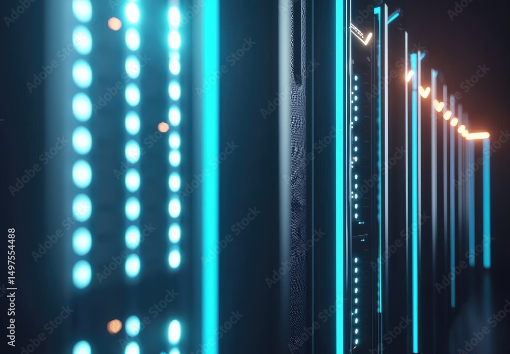Poster close-up view of glowing blue and orange server racks in a futuristic data corridor, perfect for ill