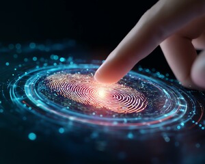 Mobile payments finance authentication for secure transactions A fingertip interacts with a glowing digital fingerprint design, symbolizing technology and innovation.