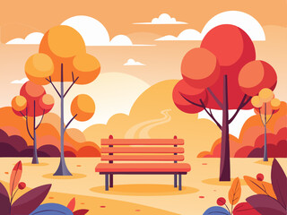 Colorful cartoon-style fall landscape featuring wooden bench between two orange autumn trees