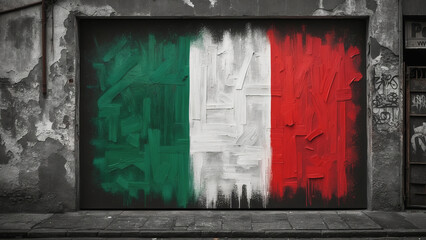 Bold Italian flag mural painted on a textured urban wall in a city alley during daylight