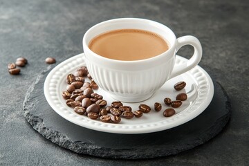 Fototapeta premium A white cup of coffee with coffee beans on a saucer, on a black background. Perfect for blog posts about coffee, cafes, or morning routines.