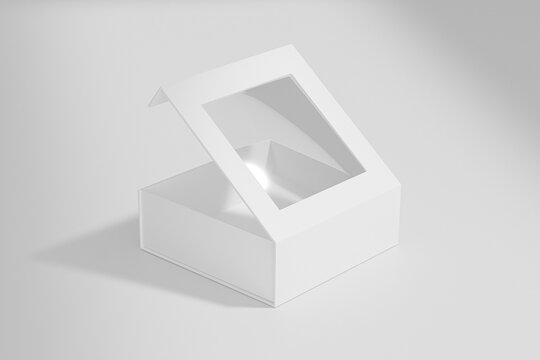 paper box packaging mockup, luxury gift box with window display, white paperboard rectangular packaging, square shape cardboard box with clear pvc window, elegent perfume packaging