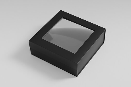 luxury paper box packaging mockup, black gift box with window display, rigid paperboard rectangular packaging, square shape cardboard box with clear pvc window, elegent perfume packaging