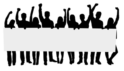 people with protest sign silhouette. People holding banner marching and protesting. 
