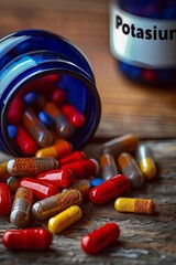 Overturned blue bottle spilling multicolored capsules onto a wooden surface, with another bottle labeled "Potassium" in the background.