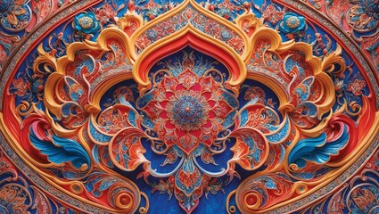 Exquisite ornamental design with vibrant colors and intricate patterns adorning a traditional structure