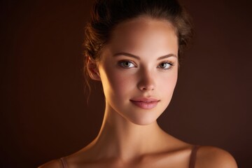 female headshot, glowing skin, warm tones, neutral expression, studio background