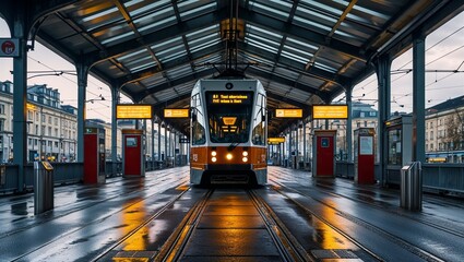 Obraz premium City tram station with glowing signs, metal roof, and wet pavement at night 