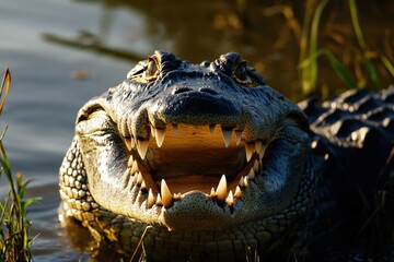 Obraz premium A fierce crocodile with its jaws wide open, showing sharp teeth and strength 