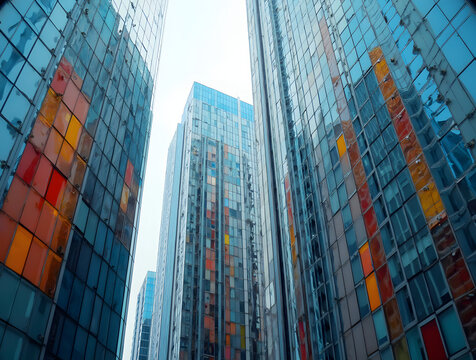 Colorful glass skyscrapers viewed from the ground