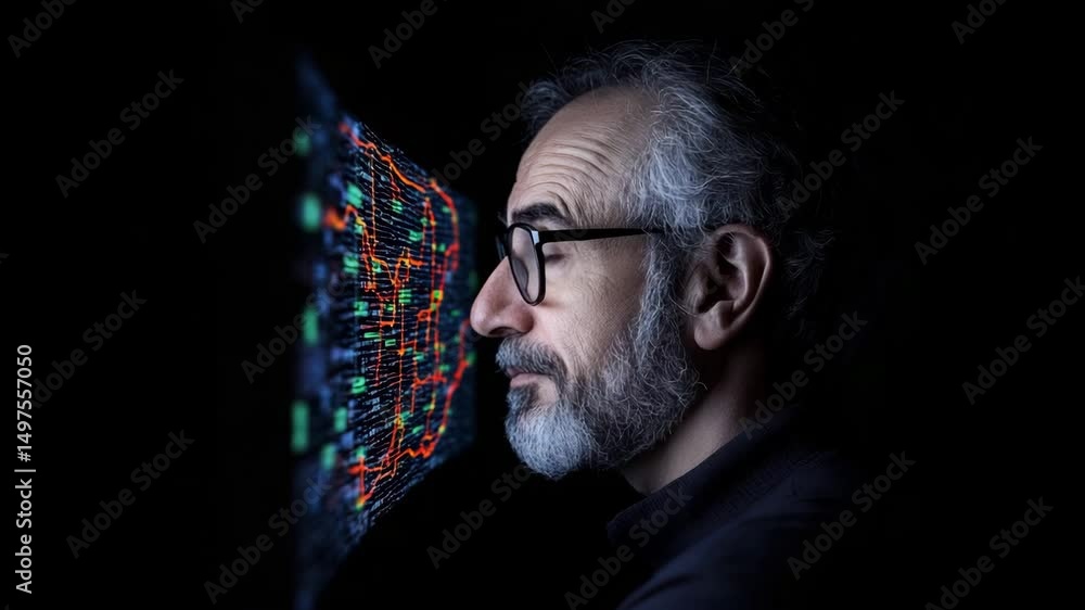 Poster man studying data: a thoughtful mature man with glasses, graying hair, and beard is intensely focuse