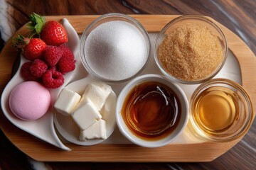 Flat lay of dessert ingredients, sugar front and center