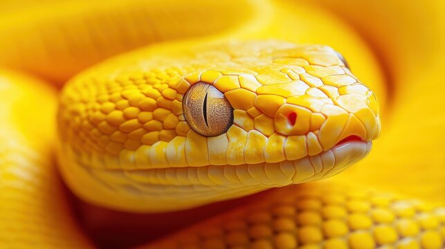 Bright yellow python close-up highlighting intricate scale patterns and eye details