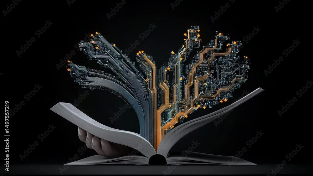 Poster digital knowledge: an open book holds circuits, symbolizing the growth and spread of technology, kno