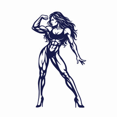 Stylized Illustration of a Muscular Female Bodybuilder Posing
