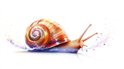 A vibrant, colorful snail with a shimmering shell, moving across a white background,  surrounded by a trail of colorful sparkles