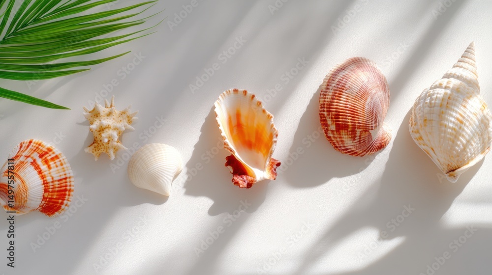 Poster a flat lay of unique seashells on a pale background with gentle shadows and soft lighting