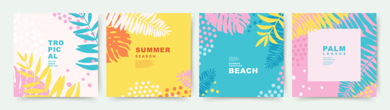 Colorful Summer time Background set. Theme of Travel, Vacation and Beach. Editable vector templates with tropical palm leaves for poster, banner, cover, card, summer Sale, social media post 