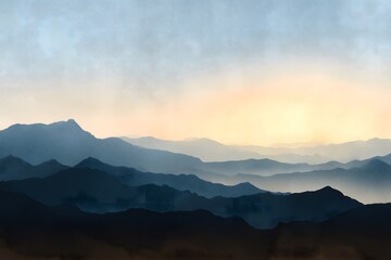 Obraz premium Minimalist mountain range landscape view with layers of peaks and hazy sky. Abstract tranquil natural background for wellbeing concept.