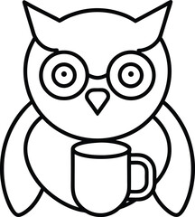 Obraz premium Adorable cartoon owl wearing glasses and holding a coffee mug in simple outline style