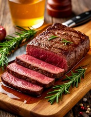 Sliced Steak on Cutting Board &ndash; Juicy and Rustic Scene
