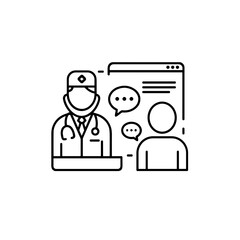 Icon of a doctor consulting a patient through a web interface in a minimalist style on white background with copy space
