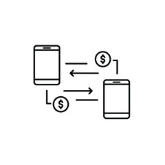 Icon of mobile money transfer between smartphones with coins in a minimalist style on white background with copy space