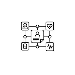 Icon of a healthcare data network connecting patient profiles and health information in a minimalist style on white background with copy space