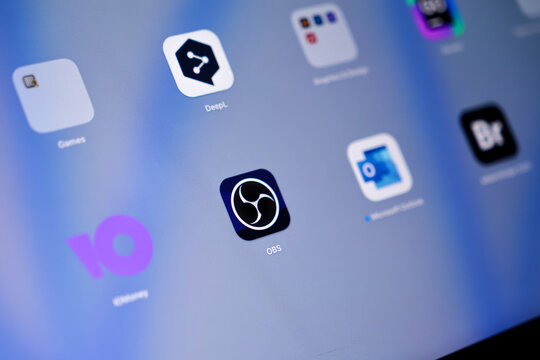 Poznan, Poland - May 15, 2025: OBS application icon prominently displayed on an Apple device screen, providing powerful live streaming and video recording capabilities for content creators