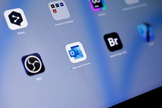 Poznan, Poland - May 15, 2025: Microsoft Outlook application icon prominently displayed on an Apple device screen, providing comprehensive email management and essential communication tools for users