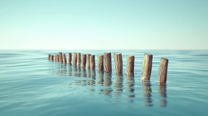 Serene ocean vista with wooden posts extending into calm water