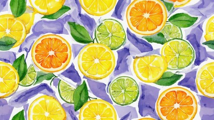 Seamless watercolor pattern with citrus fruits