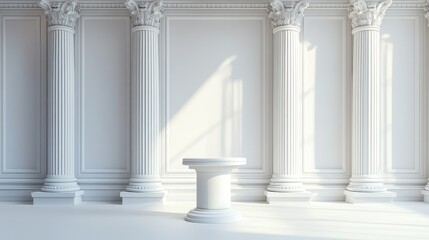 Naklejka premium Classical white columns in sunlit interior with central pedestal in symmetrical architectural setting