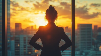 Confident businesswoman in silhouette admiring urban sunset from office window