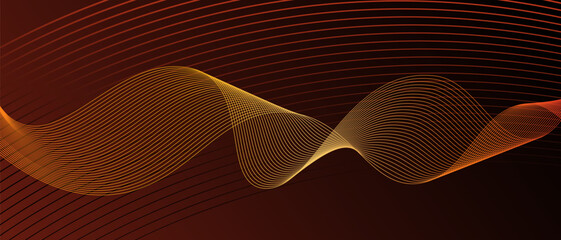 Abstract horizontal background with red gradient wave lines. Minimalistic back creating dynamic visual effect. Trendy volumetric 3d stripes design on dark background. Features vector backdrop.
