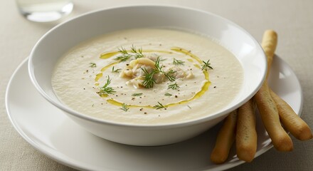 Cream soup with dill and breadstick