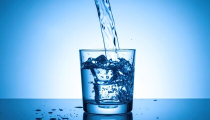 A Crisp Pour: Refreshing Water Filling a Glass on a Blue Gradient Backdrop
